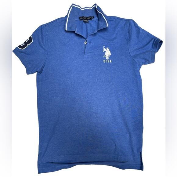 US Polo Assn. POLO SHIRT Mens M Blue Short Sleeve Slim Fit Collared Stretch - Picture 1 of 6